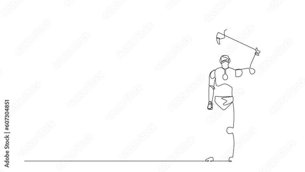 Poster animated self drawing of continuous line draw robots standing and lifting up big axe. modern robotic
