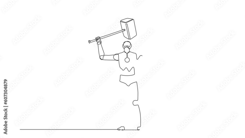 Poster self drawing animation of single line draw robot standing lifting up big hammer. future technology d