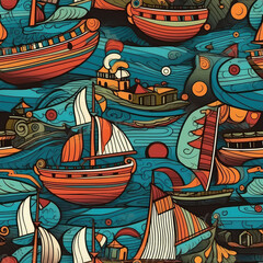 Boats in the sea seamless repeat pattern - fantasy colorful cubism, abstract art, trippy psychedelic [Generative AI]
