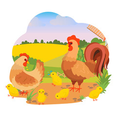Rooster and hen with little yellow chicks. Agricultural animals. Domestic birds. Village. Farm. Vector illustration on a white background.