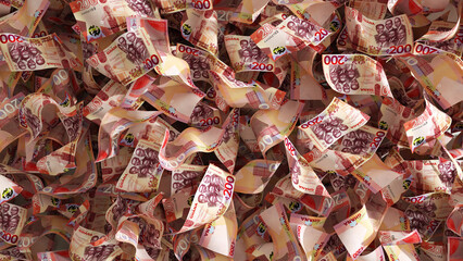 3D rendering of lots of 200 Ghanaian cedi notes spread on surface