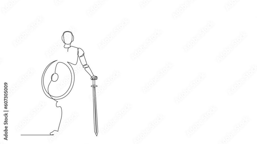 Poster animated self drawing of continuous one line draw robots stands holding big sword and shield. humano
