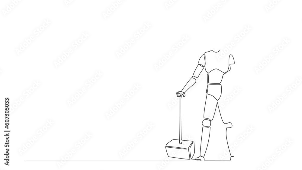 Poster animated self drawing of continuous line draw robots stands holding big hammer and shield. humanoid 