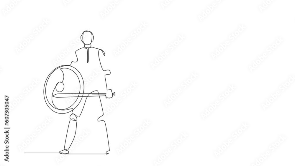 Poster self drawing animation of single line draw robot standing holding sword and shield. future technolog