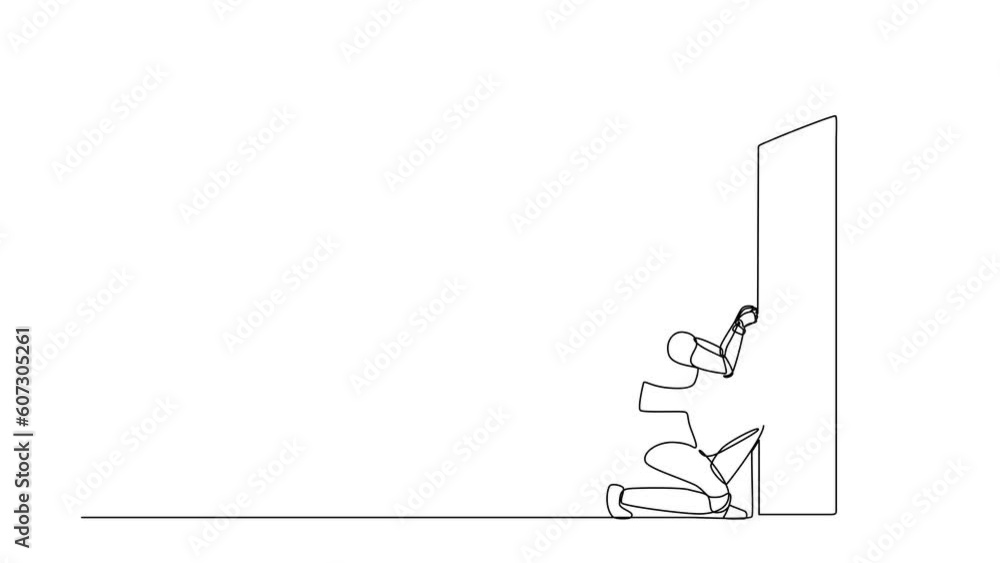 Poster animated self drawing of single continuous line draw robots prying doorknob with screwdriver. modern