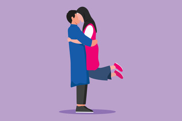 Graphic flat design drawing romantic Arab couple in love kissing and hugging at park. Happy man carrying pretty woman celebrate wedding anniversary. Lovely relation. Cartoon style vector illustration
