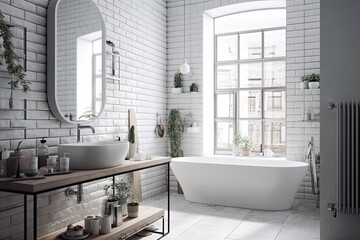 Bathroom interior design with white brick walls, tiled floor, comfortable white bathtub and large window