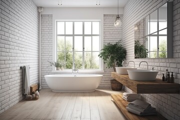 Fototapeta na wymiar Bathroom interior design with white brick walls, tiled floor, comfortable white bathtub and large window