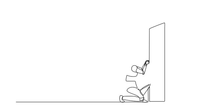 Animated self drawing of single continuous line draw robots prying doorknob with screwdriver. Modern robotics artificial intelligence technology. Electronic technology. Full length one line animation