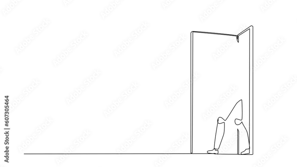 Poster self drawing animation of single line draw robot walking out through an open door. future technology