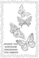 Coloring Page on Butterfly, Beautiful Butterfly with Daily Quotes, Anti-stress Coloring Book Page.