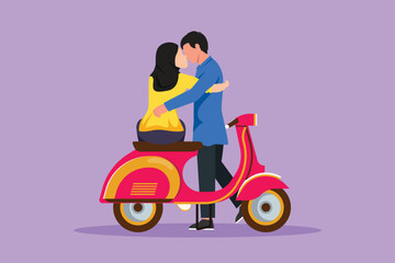 Fototapeta na wymiar Cartoon flat style drawing happy Arabian man and woman kissing each other on motorcycle. Scooter, travel, adventure, ride concept. Family couple travel by scooter. Graphic design vector illustration