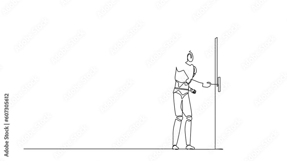 Poster animated self drawing of continuous line draw robots stands inserts the key into the keyhole. humano