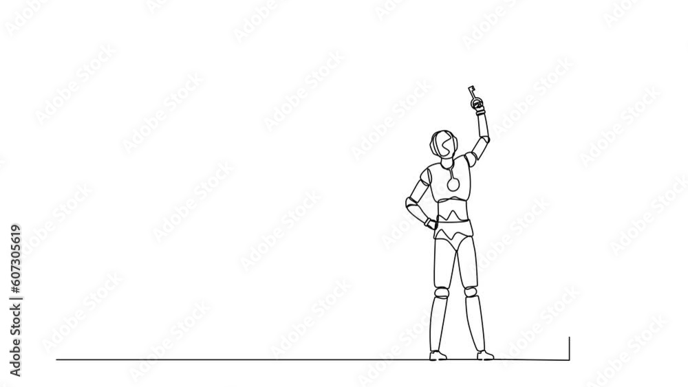 Poster self drawing animation of single line draw robot lifting up key in front of door. future technology 