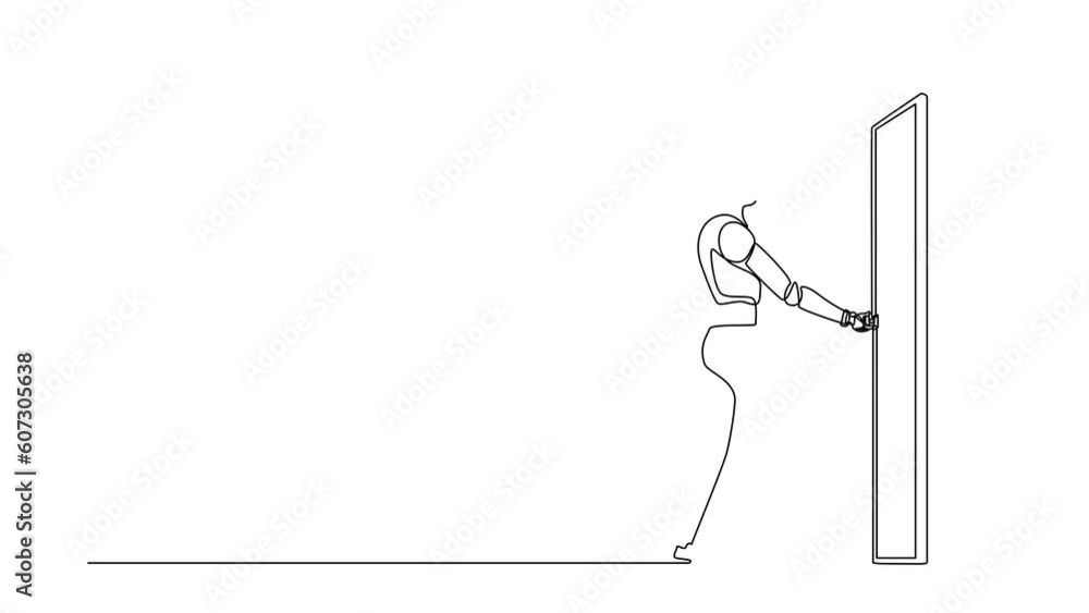 Poster animated self drawing of continuous line draw robots holding door knob and enter work space. modern 