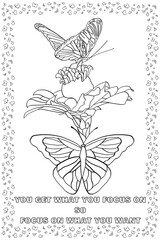Coloring Page on Butterfly, Beautiful Butterfly with Daily Quotes, Anti-stress Coloring Book Page.