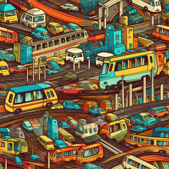 Obraz na płótnie Canvas Busy futuristic city transportations cars and interchanges seamless repeat pattern - fantasy colorful cubism, abstract art, trippy psychedelic [Generative AI] 