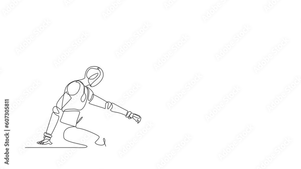 Poster self drawing animation of single line draw robot descends into the hole. future technology developme