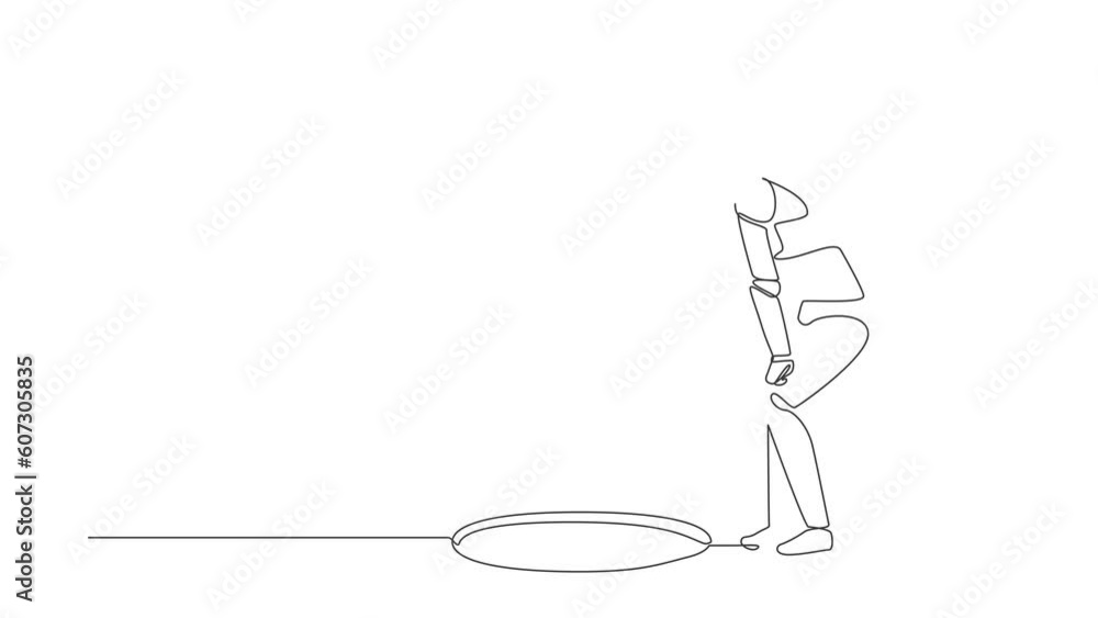 Poster animated self drawing of continuous line draw robot standing wondering, looking at big hole. humanoi