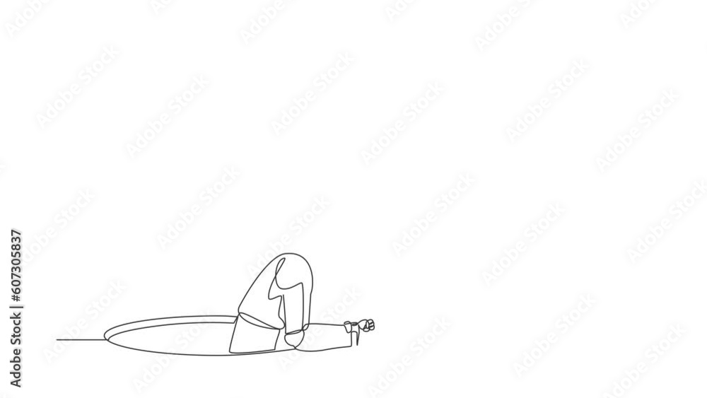Poster animated self drawing of continuous line draw robot trying to get out of from hole. modern robotic a