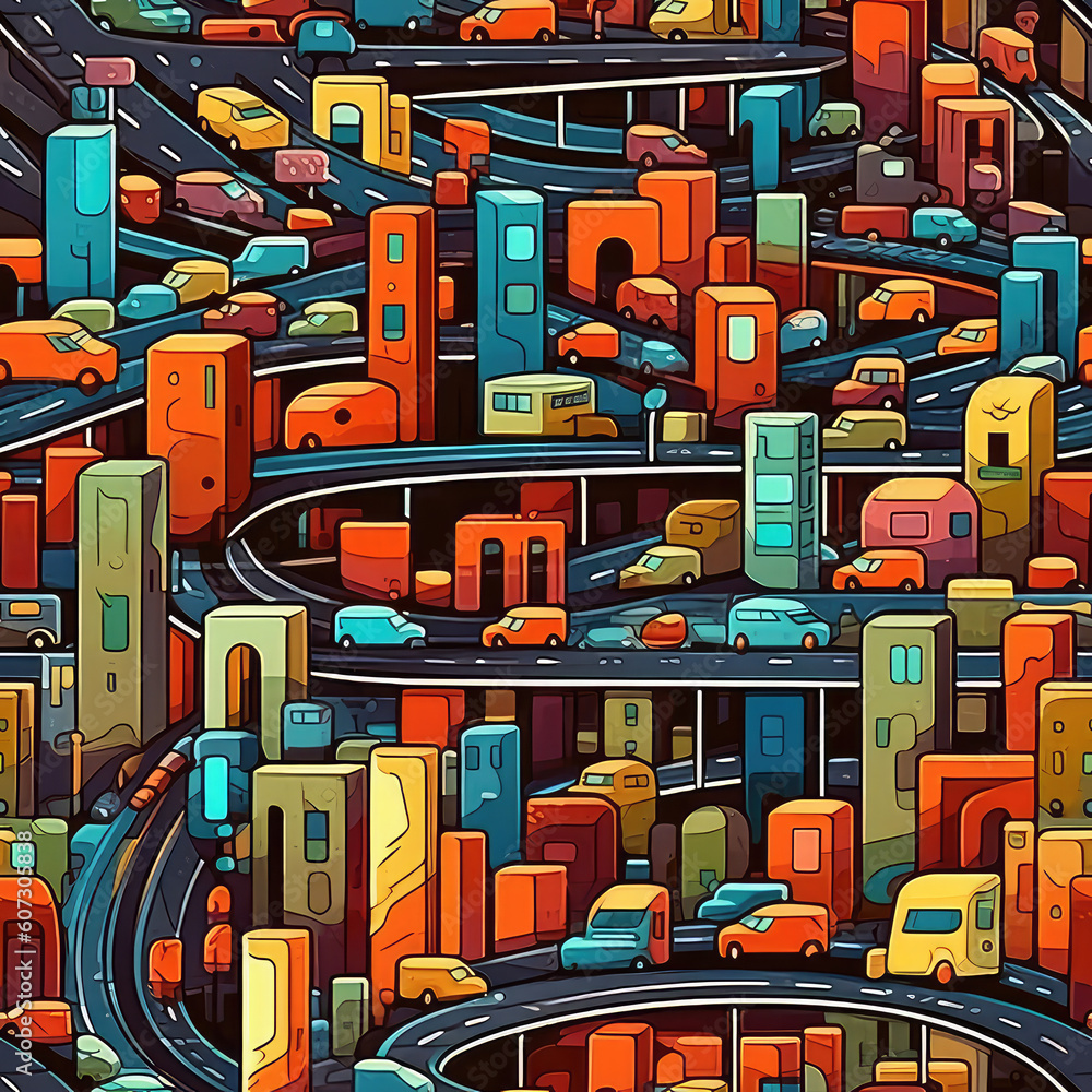 Wall mural busy futuristic city transportations cars and interchanges seamless repeat pattern - fantasy colorfu