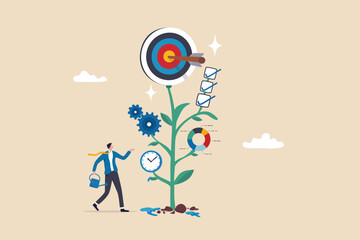 Business development plan, management or strategy to achieve target, growing business or growth, planning for success concept, businessman watering seedling plant with process and task to success.