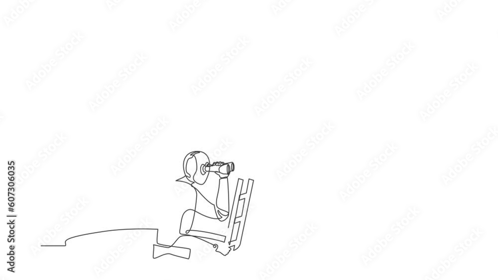 Poster animated self drawing of continuous line draw robot climbs out of the hole by ladder using binocular