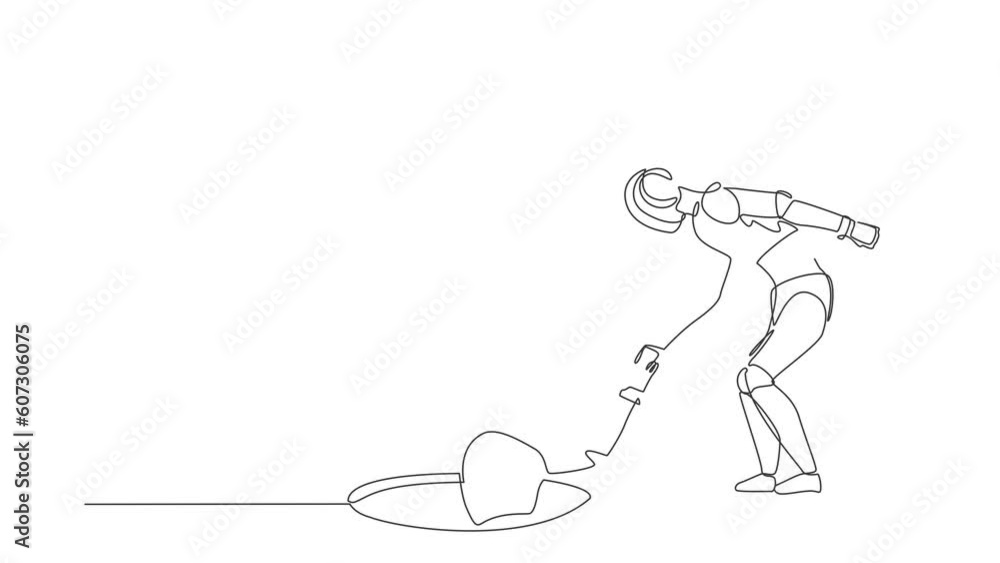 Poster animated self drawing of continuous one line draw robot helping his friend by take him out from hole