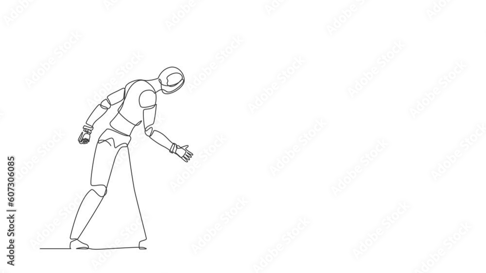 Poster self drawing animation of single one line draw robot throws briefcase into hole. future technology. 