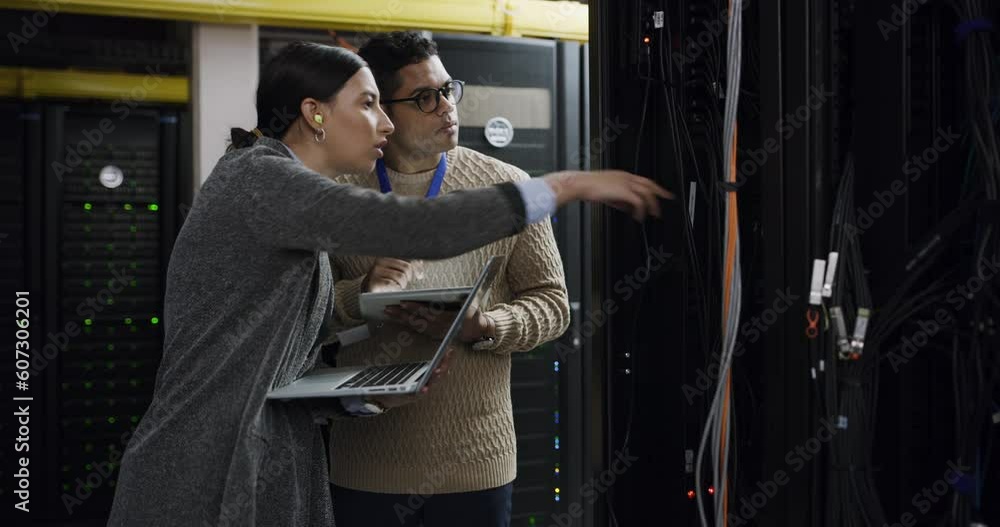 Aufkleber server room, woman and man with tablet, laptop and network administration, teamwork for digital upda