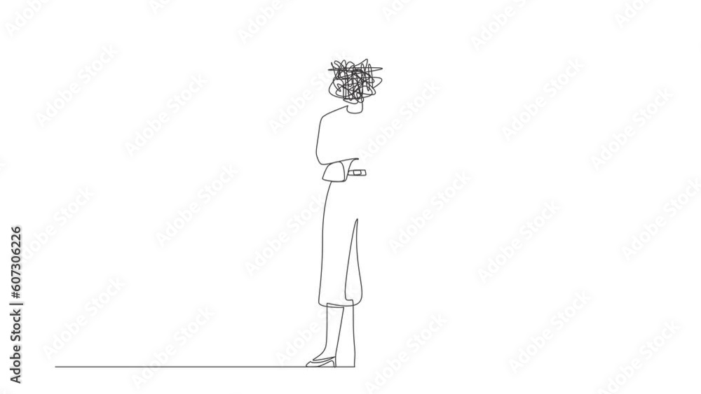 Poster animated self drawing of continuous line draw businesswoman with round scribbles instead of head. ma