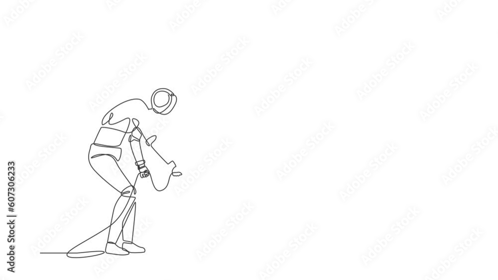 Poster animated self drawing of continuous one line draw robot stretch out rope into hole. wondering, looki