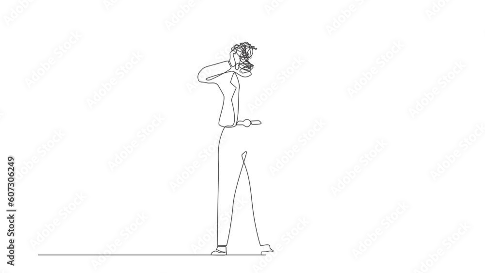 Poster animated self drawing of continuous line draw businesswoman with round scribbles instead of head. co