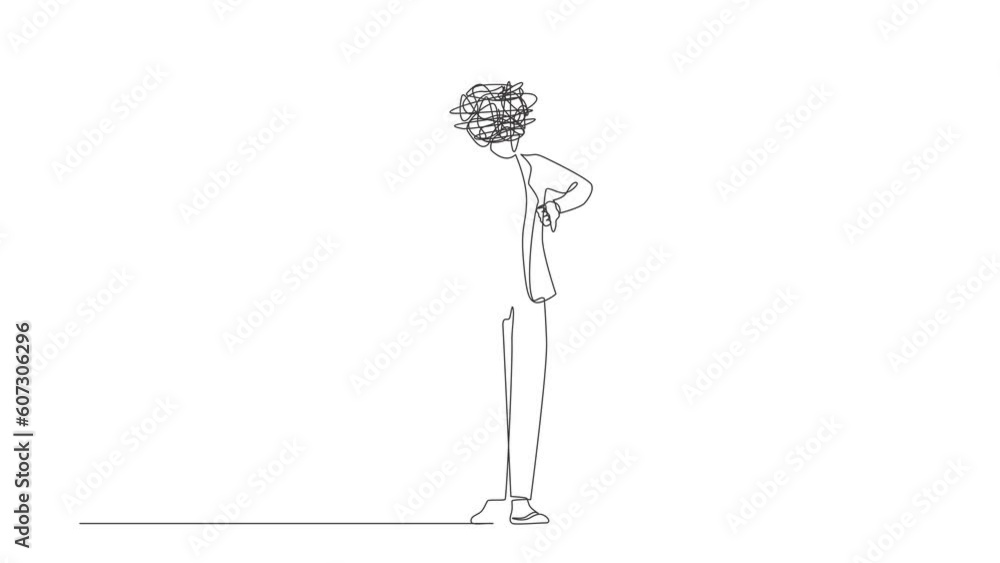 Aufkleber animated self drawing of continuous line draw businesswoman with round scribbles instead of head. co