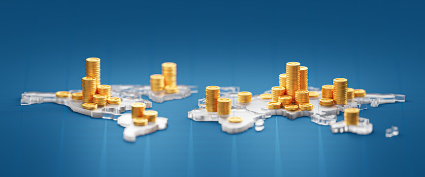 Global money exchange coin gold currency business investment finance on international economy market 3d background of foreign transfer world financial cash or growth profit concept capital trading.