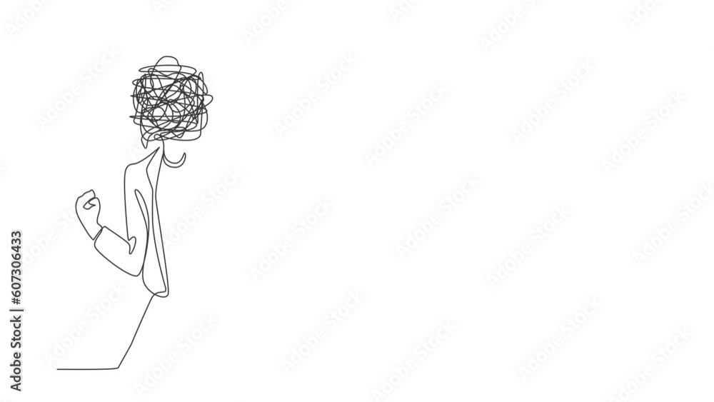 Poster animated self drawing of continuous one line draw businesswoman with round scribbles instead of head