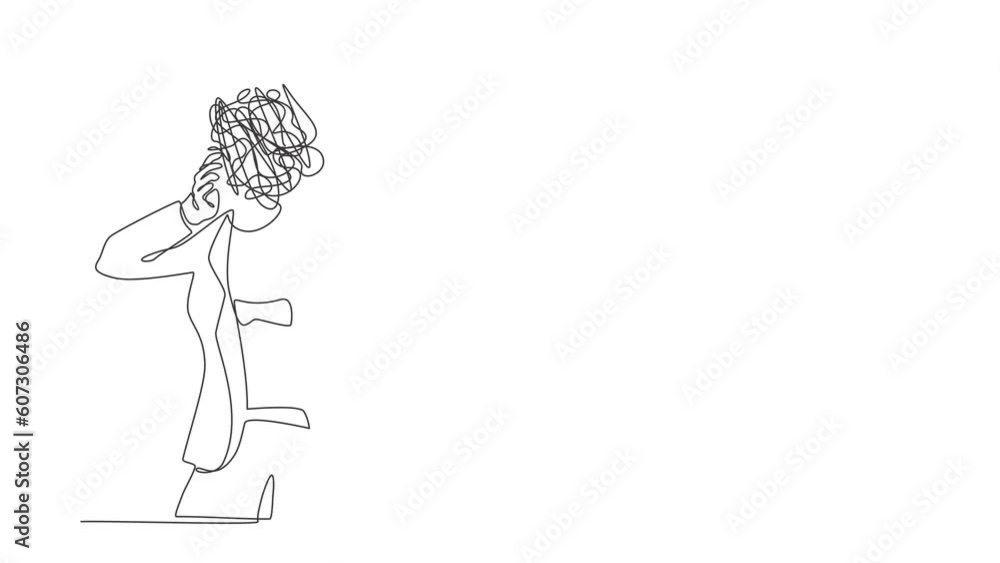 Aufkleber animated self drawing of continuous one line draw businesswoman with round scribbles instead of head