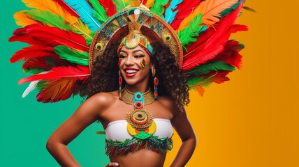 Fototapeta na wymiar Brazil Carnival Latin Woman Wear Bright Costume Generative AI