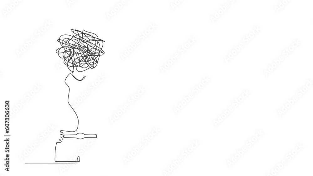 Aufkleber animated self drawing of continuous line draw businesswoman with round scribbles instead of head. wo