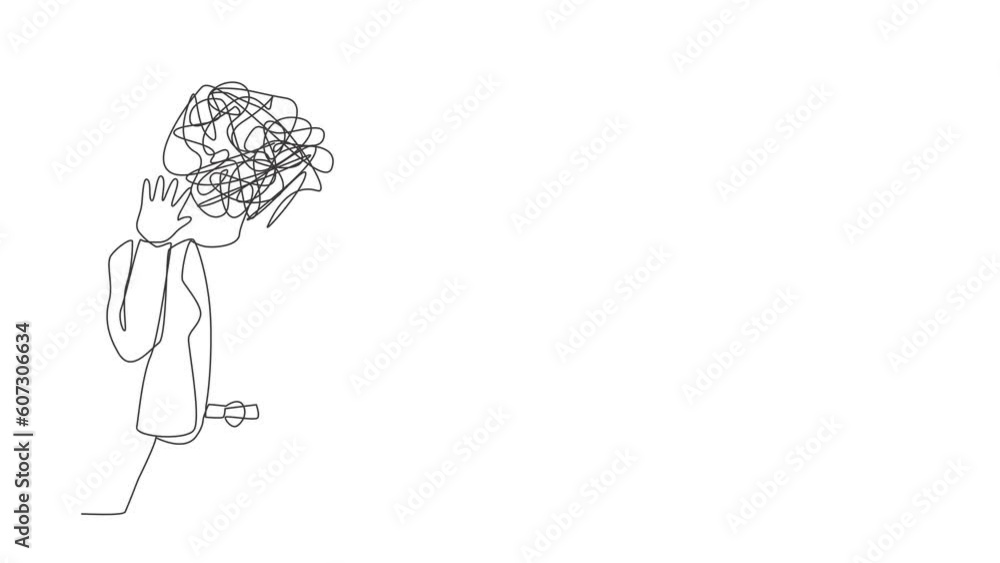 Poster self drawing animation of single line draw businesswoman with round scribbles instead of head. woman