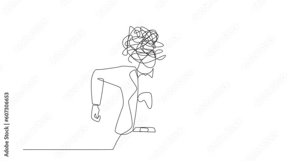 Poster animated self drawing of continuous line draw businesswoman with round scribbles instead of a head. 