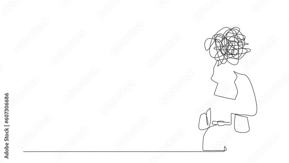 Poster self drawing animation of single line draw businesswoman with round scribbles instead of head. manag
