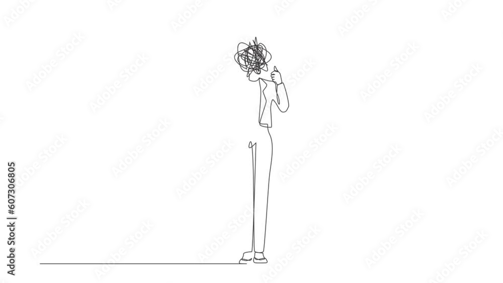 Aufkleber animated self drawing of continuous line draw businesswoman with round scribbles instead of head. co