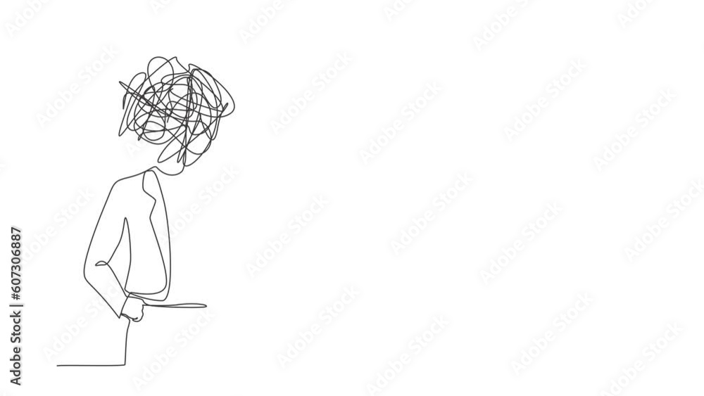 Poster animated self drawing of continuous line draw businesswoman with round scribbles instead of a head. 
