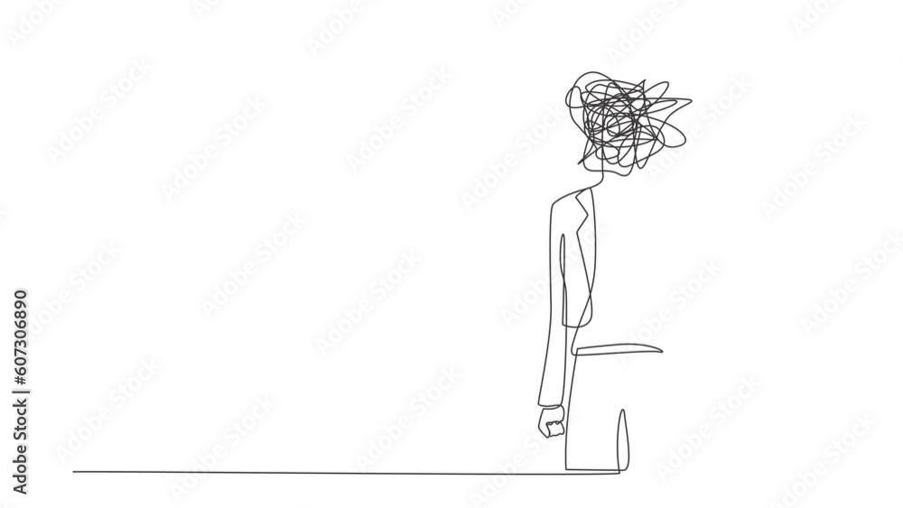 Poster animated self drawing of continuous line draw businesswoman with round scribbles instead of head. fr