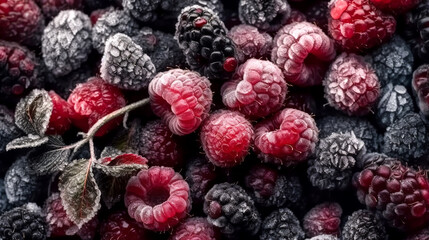 Background of frozen raspberries and blackberries, generative AI.