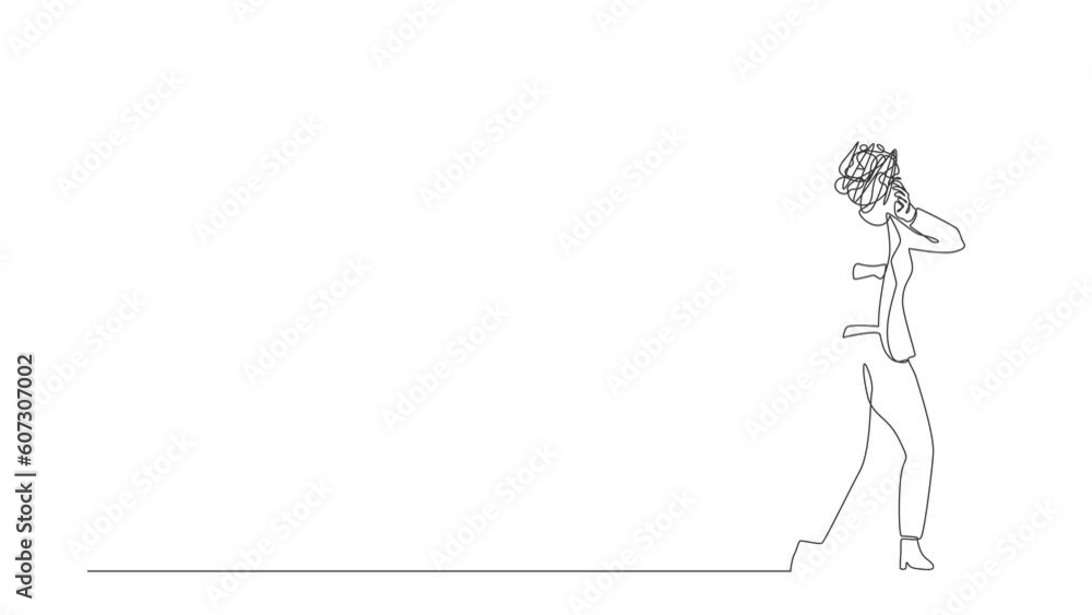 Poster self drawing animation of single one line draw businesswoman with round scribbles instead of head. s