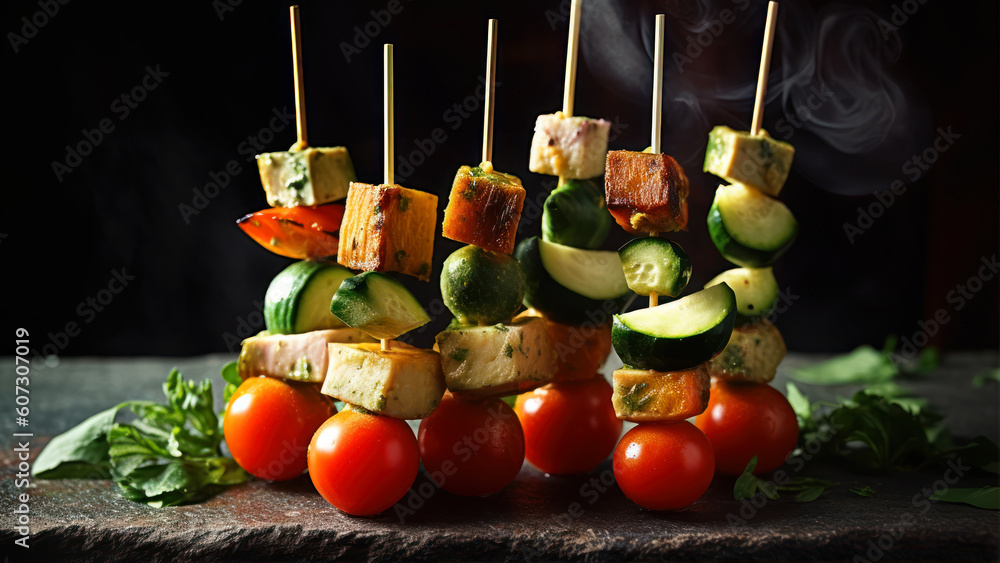 Poster vegetable kebabs on skewers on a dark background generative ai