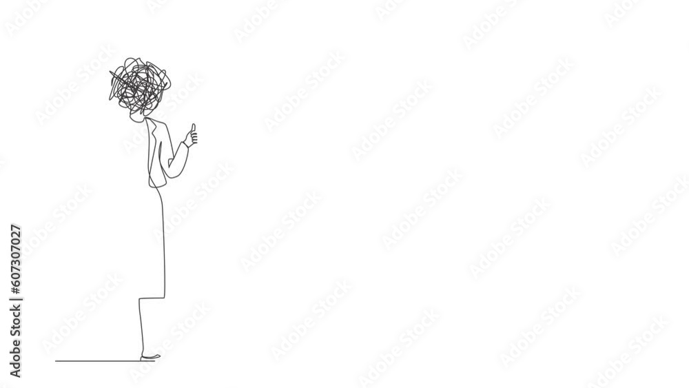 Poster animated self drawing of continuous line draw businesswoman with round scribbles instead of head. ma