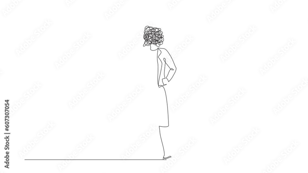 Poster animated self drawing of continuous line draw businesswoman with round scribbles instead of head. fe